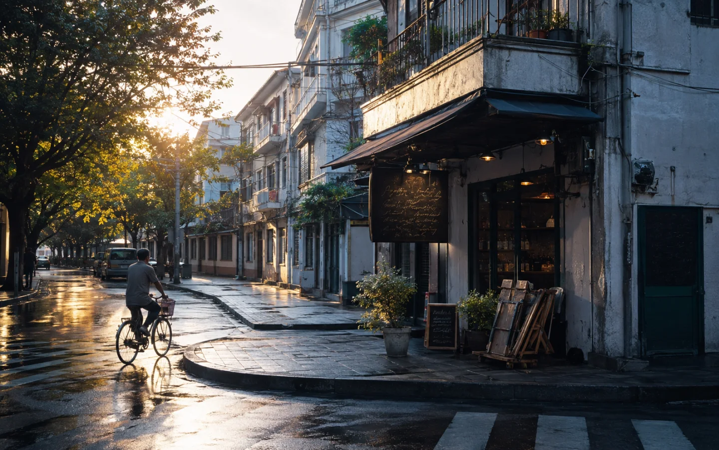 A cyclist turning into a sunlit neighborhood street after rain