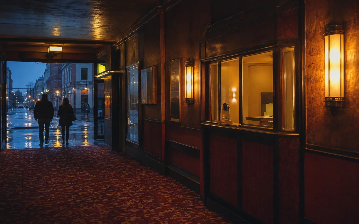A warm independent cinema foyer opening onto a rainy street